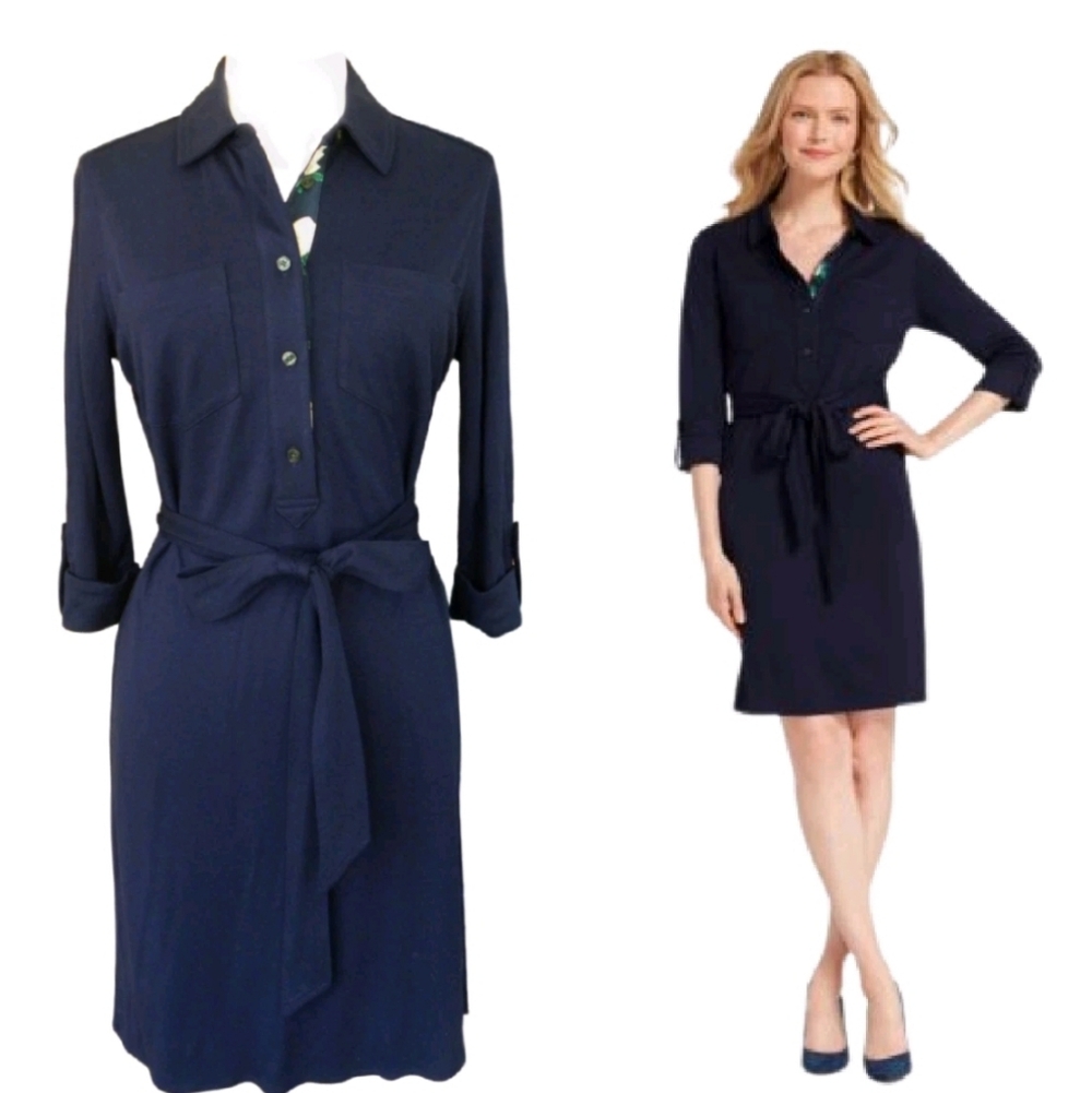 Draper James Nassau Navy Knit Popover Belted Shirtsdress XS
